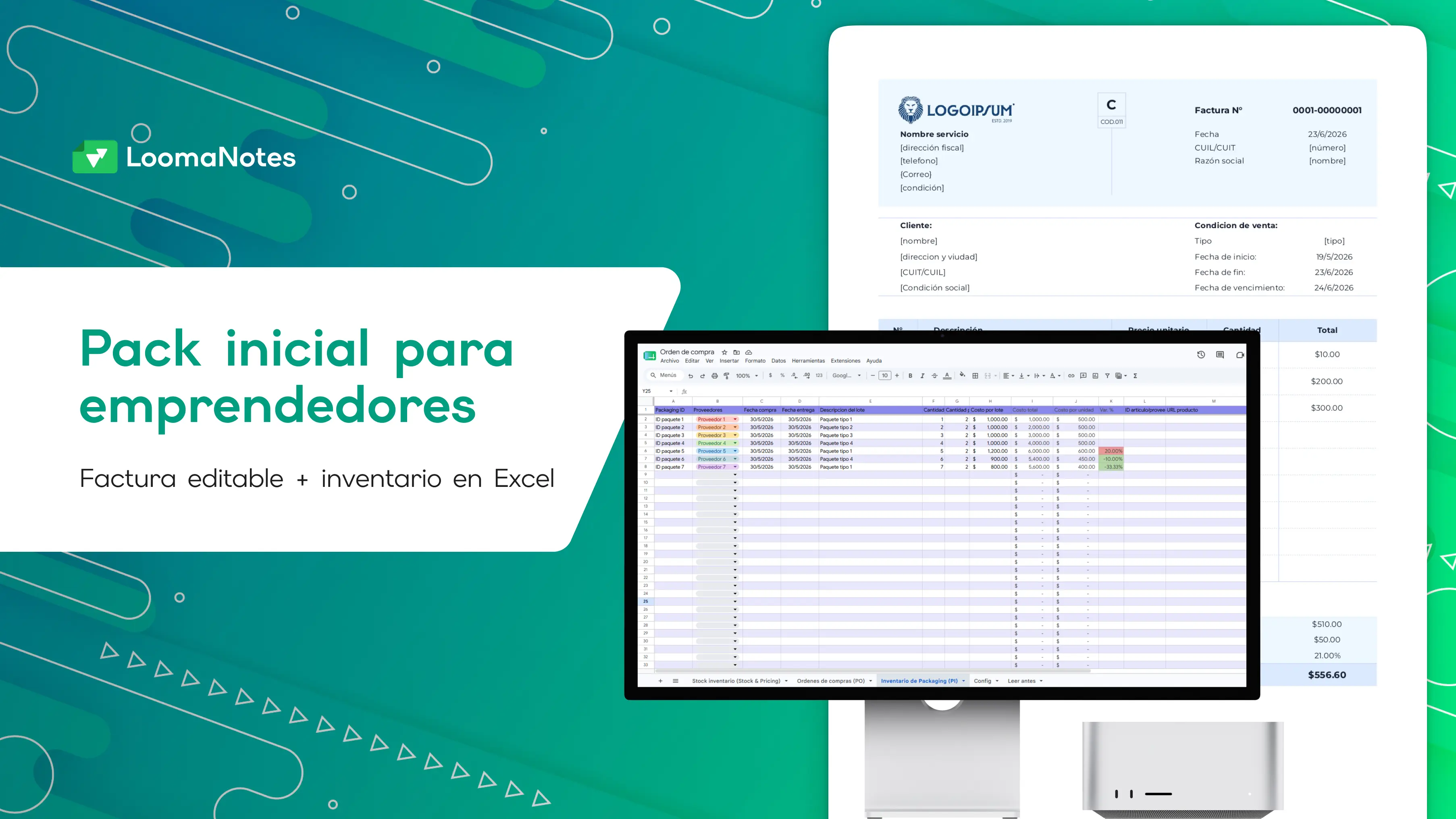Vista previa del pack inicial de plantillas Excel para emprendedores con factura editable e inventario con compras y pricing.