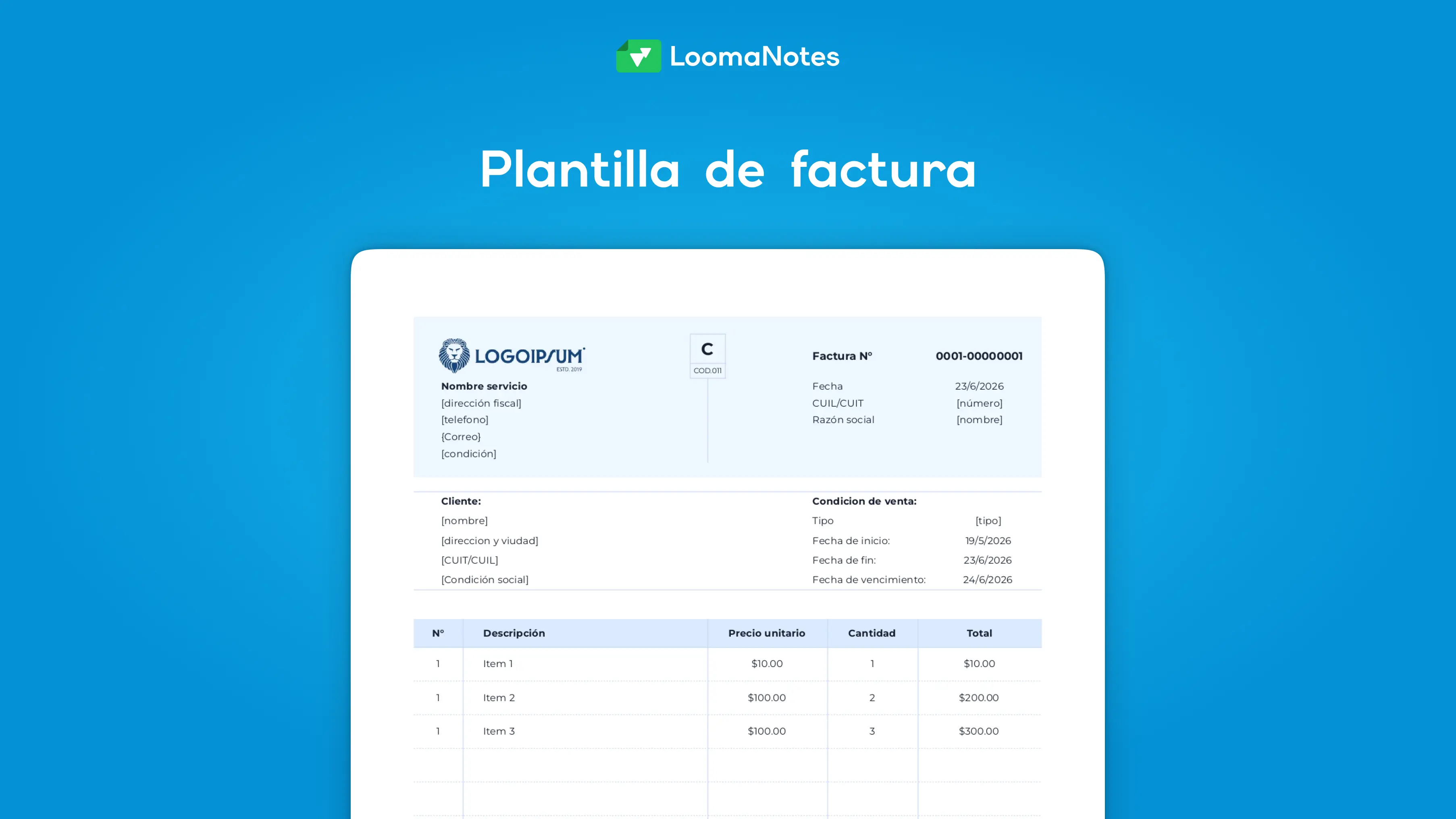 Vista previa del template de factura editable en Excel para crear facturas visuales, presupuestos o comprobantes internos.
