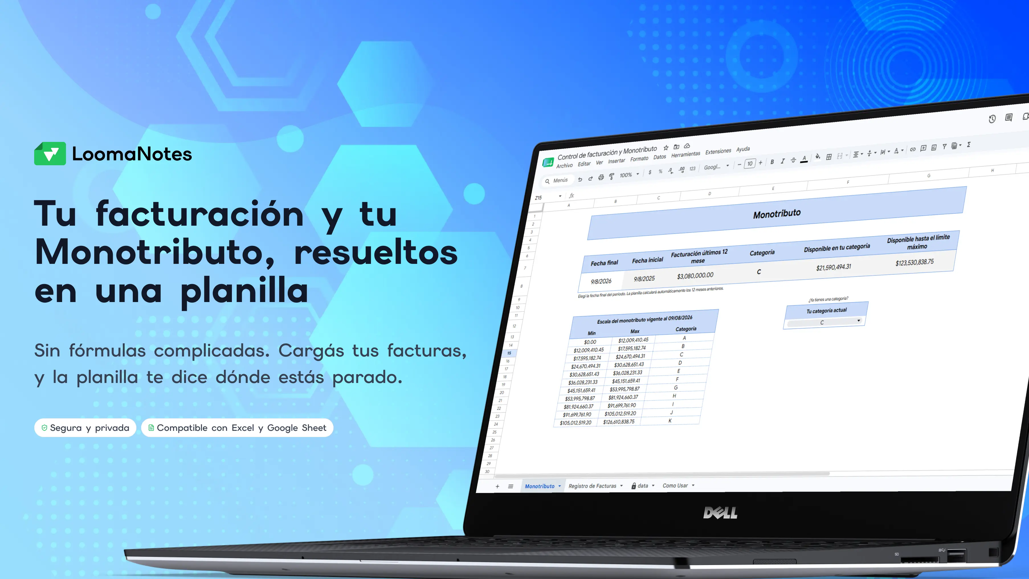 Vista previa de la plantilla de control de facturación y Monotributo en Excel y Google Sheets con registro de cobros y dashboard de categoría.
